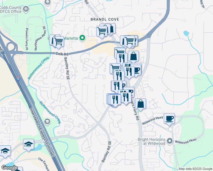 map of restaurants, bars, coffee shops, grocery stores, and more near 1378 Old Virginia Court Southeast in Marietta