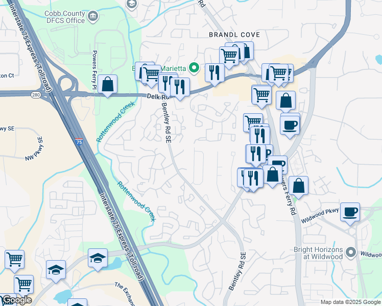 map of restaurants, bars, coffee shops, grocery stores, and more near 1470 Bentley Lane Southeast in Marietta