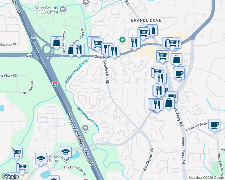 map of restaurants, bars, coffee shops, grocery stores, and more near 2665 Moss Lane in Marietta