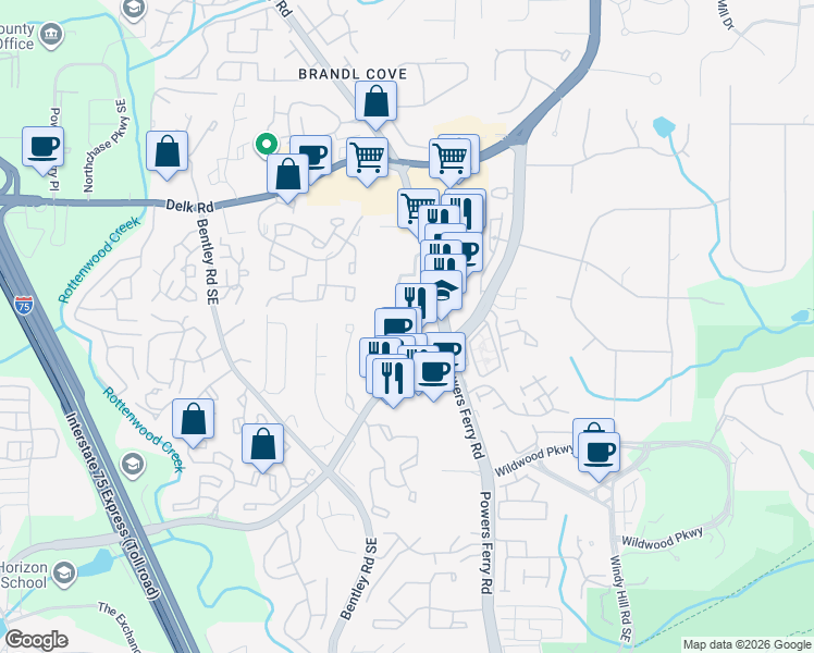 map of restaurants, bars, coffee shops, grocery stores, and more near 1410 Terrell Mill Rd in Marietta