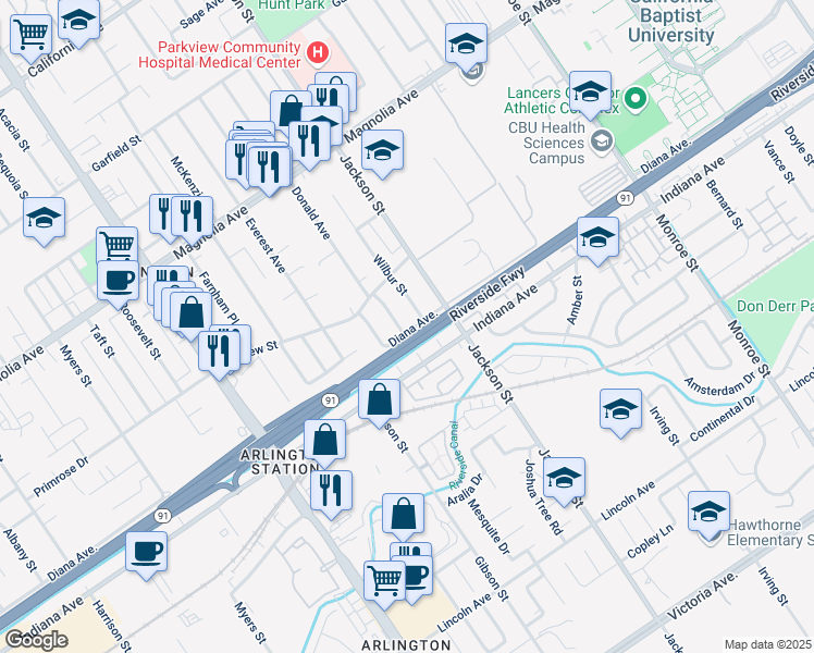 map of restaurants, bars, coffee shops, grocery stores, and more near 3490 Donald Avenue in Riverside