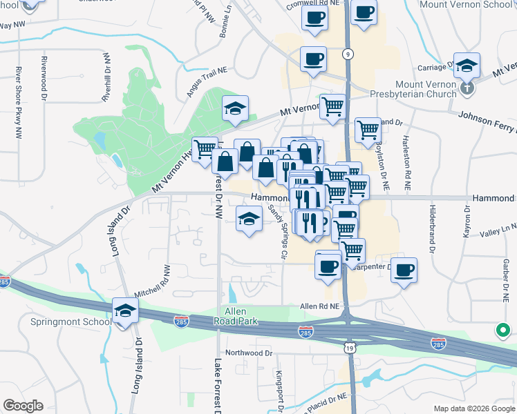 map of restaurants, bars, coffee shops, grocery stores, and more near 5956 Reddington Way Northeast in Atlanta