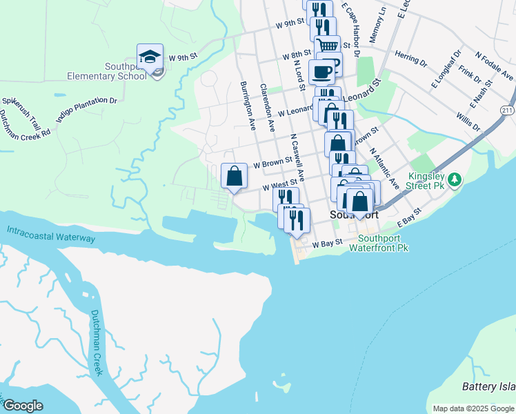 map of restaurants, bars, coffee shops, grocery stores, and more near 600 West Brunswick Street in Southport