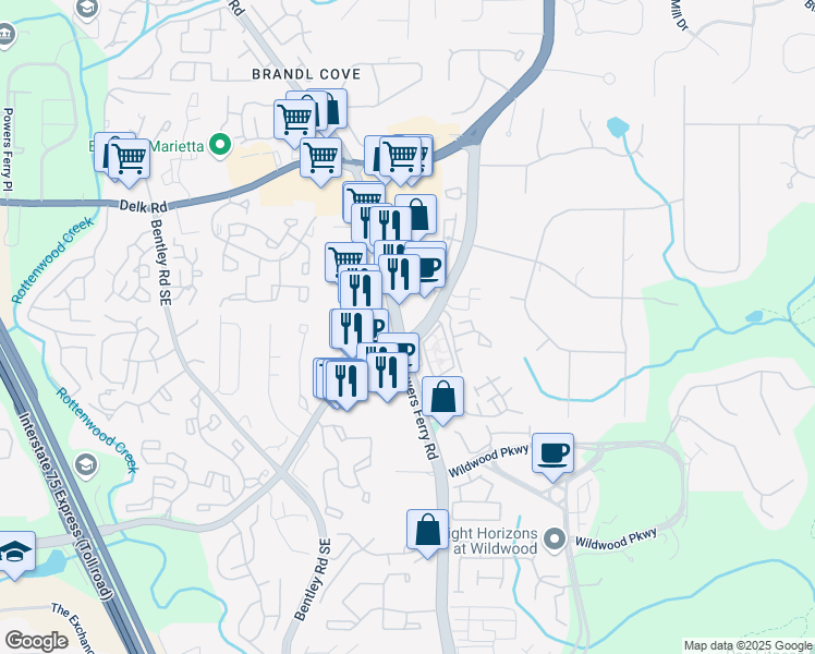 map of restaurants, bars, coffee shops, grocery stores, and more near 1365 Powers Ferry Road in Marietta