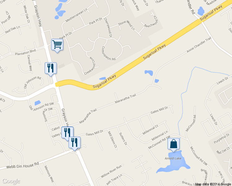 map of restaurants, bars, coffee shops, grocery stores, and more near 1274 Millennial Lane in Lawrenceville