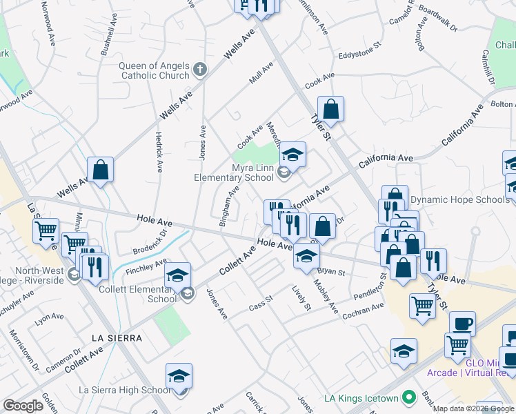 map of restaurants, bars, coffee shops, grocery stores, and more near 10583 Hole Avenue in Riverside