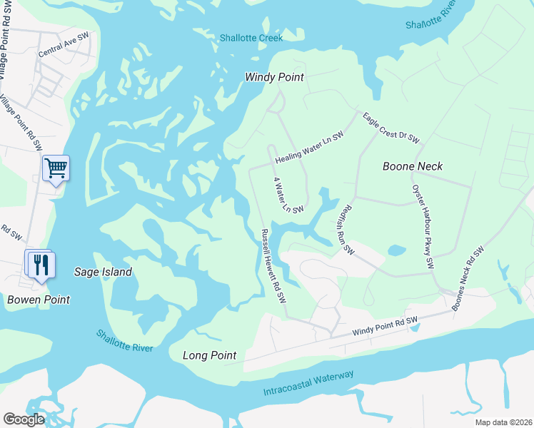 map of restaurants, bars, coffee shops, grocery stores, and more near 1889 Russell Hewett Road Southwest in Brunswick