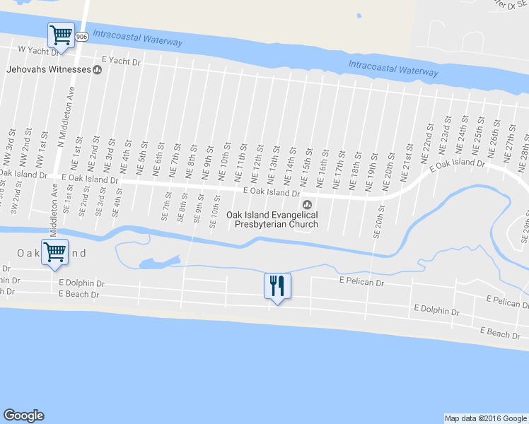 map of restaurants, bars, coffee shops, grocery stores, and more near 107 Southeast 13th Street in Oak Island