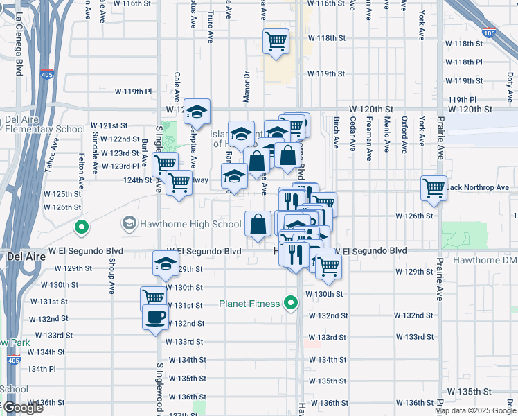 map of restaurants, bars, coffee shops, grocery stores, and more near 12521 Grevillea Avenue in Hawthorne