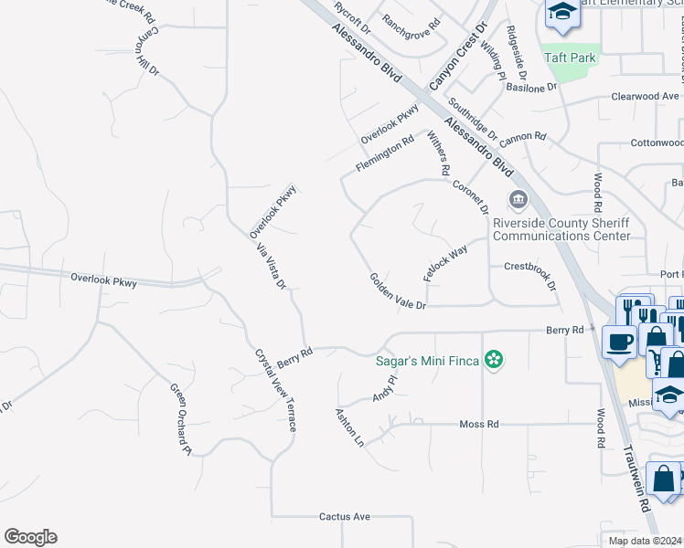 map of restaurants, bars, coffee shops, grocery stores, and more near 7047 Golden Vale Drive in Riverside