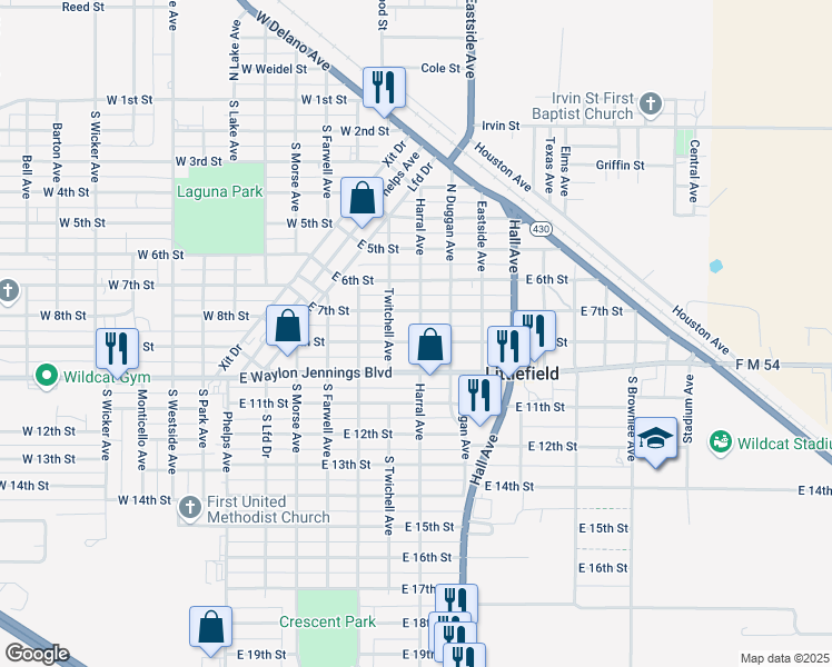 map of restaurants, bars, coffee shops, grocery stores, and more near 706 E 8th St in Littlefield