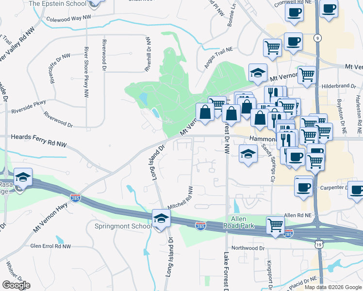 map of restaurants, bars, coffee shops, grocery stores, and more near 229 Belle Lane in Sandy Springs