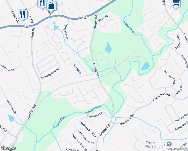 map of restaurants, bars, coffee shops, grocery stores, and more near 2550 Kentshire Way Southwest in Lawrenceville