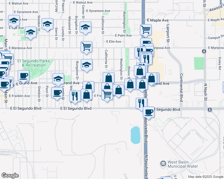 map of restaurants, bars, coffee shops, grocery stores, and more near 1401 East Franklin Avenue in El Segundo