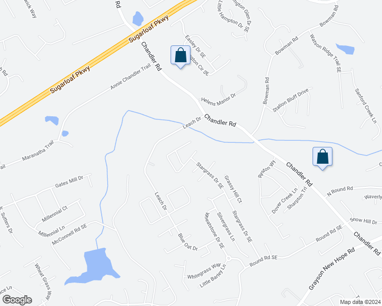 map of restaurants, bars, coffee shops, grocery stores, and more near 374 Silver Top Drive Southeast in Grayson