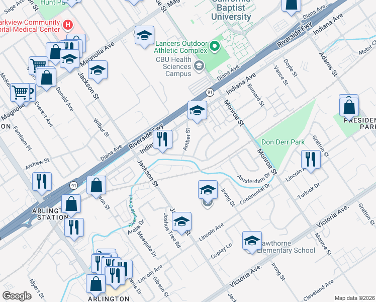 map of restaurants, bars, coffee shops, grocery stores, and more near 8916 Haskell Street in Riverside