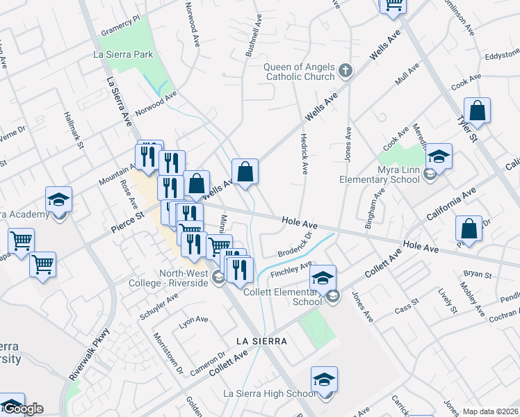 map of restaurants, bars, coffee shops, grocery stores, and more near in Riverside