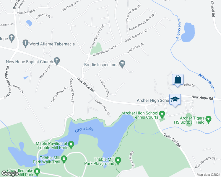 map of restaurants, bars, coffee shops, grocery stores, and more near 2130 Tribble Walk Drive in Lawrenceville