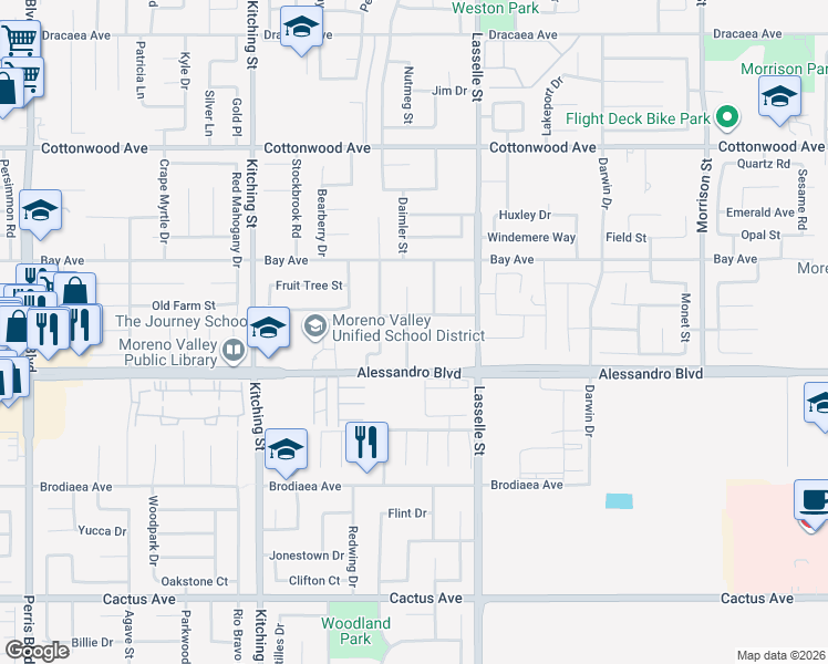 map of restaurants, bars, coffee shops, grocery stores, and more near 13968 Chervil Court in Moreno Valley