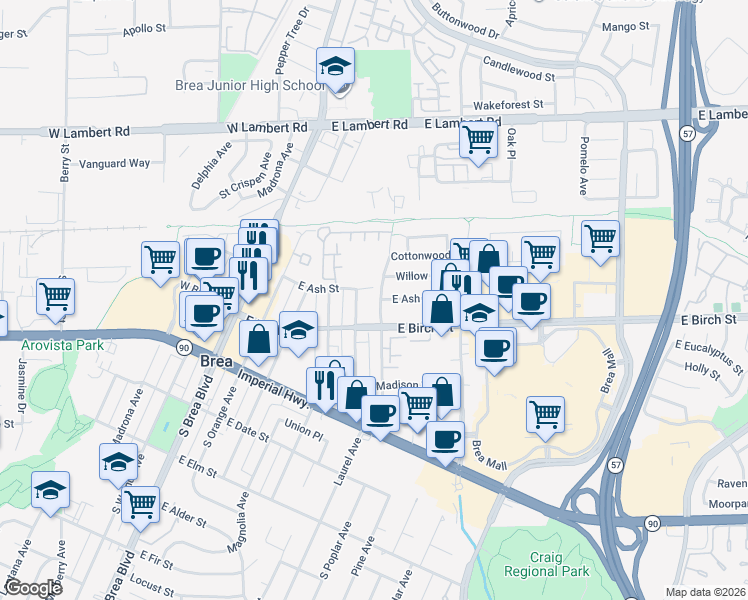 map of restaurants, bars, coffee shops, grocery stores, and more near 139 South Poplar Avenue in Brea