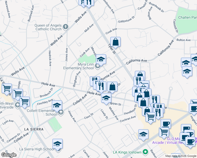 map of restaurants, bars, coffee shops, grocery stores, and more near 10467 California Avenue in Riverside
