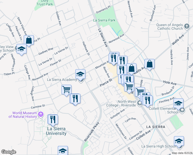 map of restaurants, bars, coffee shops, grocery stores, and more near 4948 Hollyhock Lane in Riverside