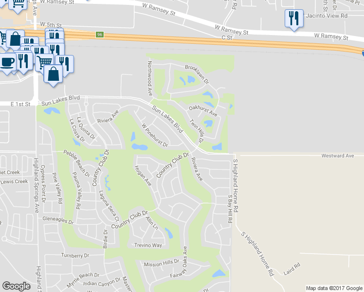map of restaurants, bars, coffee shops, grocery stores, and more near 5062 Riviera Avenue in Banning