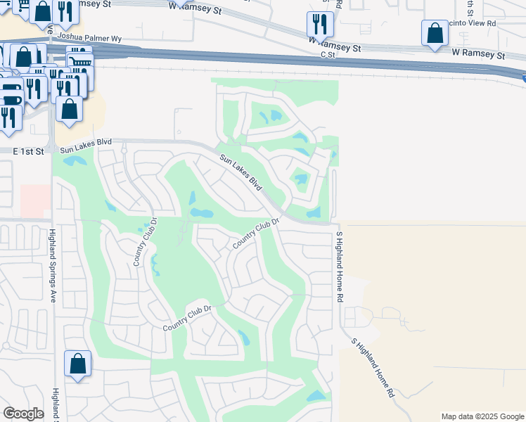 map of restaurants, bars, coffee shops, grocery stores, and more near 5062 Riviera Avenue in Banning