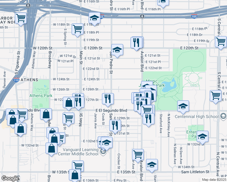 map of restaurants, bars, coffee shops, grocery stores, and more near 313 East 127th Street in Los Angeles