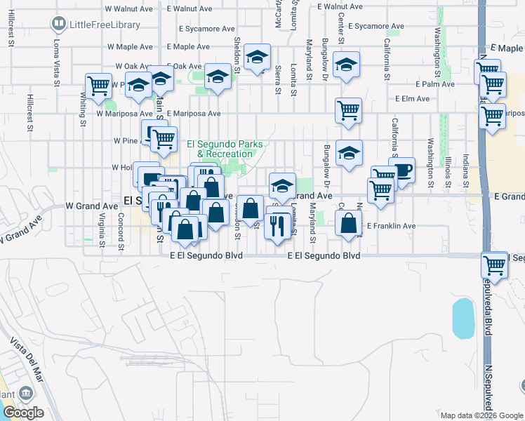 map of restaurants, bars, coffee shops, grocery stores, and more near 210 Penn Street in El Segundo