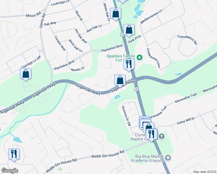 map of restaurants, bars, coffee shops, grocery stores, and more near 585 Old Johnson Road in Lawrenceville