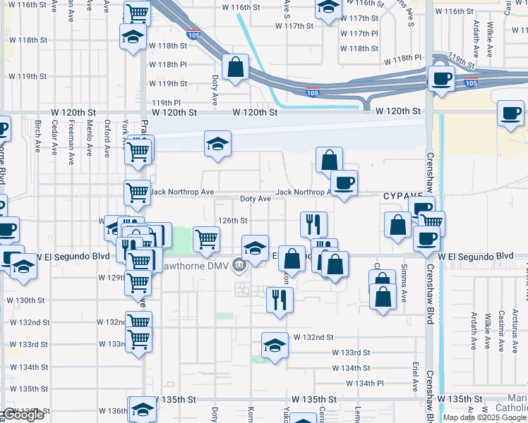 map of restaurants, bars, coffee shops, grocery stores, and more near 12523 Cranbrook Avenue in Hawthorne