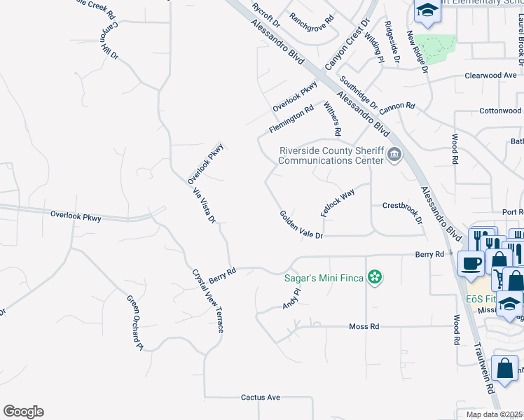 map of restaurants, bars, coffee shops, grocery stores, and more near 7047 Golden Vale Drive in Riverside