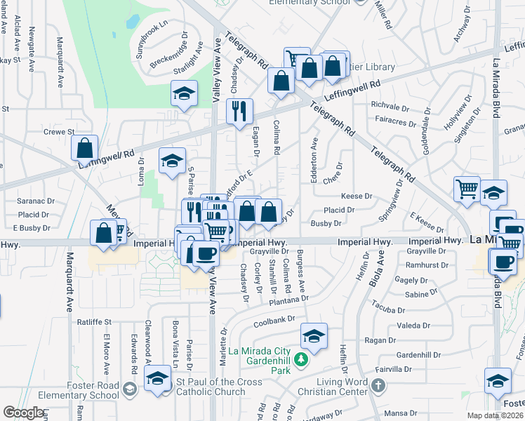 map of restaurants, bars, coffee shops, grocery stores, and more near 12222 Corley Drive in Whittier