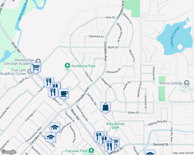 map of restaurants, bars, coffee shops, grocery stores, and more near 2605 Corydon Avenue in Norco