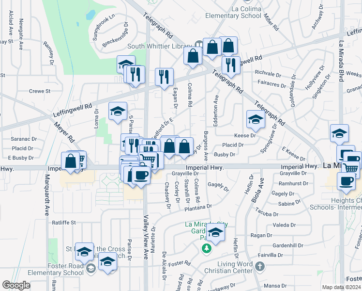 map of restaurants, bars, coffee shops, grocery stores, and more near 12222 Corley Drive in Whittier