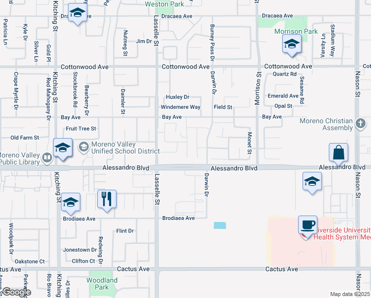 map of restaurants, bars, coffee shops, grocery stores, and more near 26185 Bay Avenue in Moreno Valley