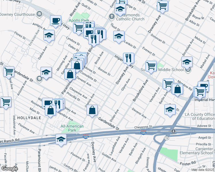 map of restaurants, bars, coffee shops, grocery stores, and more near 8231 Comolette Street in Downey