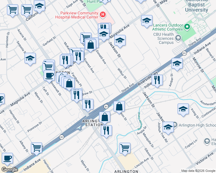 map of restaurants, bars, coffee shops, grocery stores, and more near 3548 Everest Avenue in Riverside