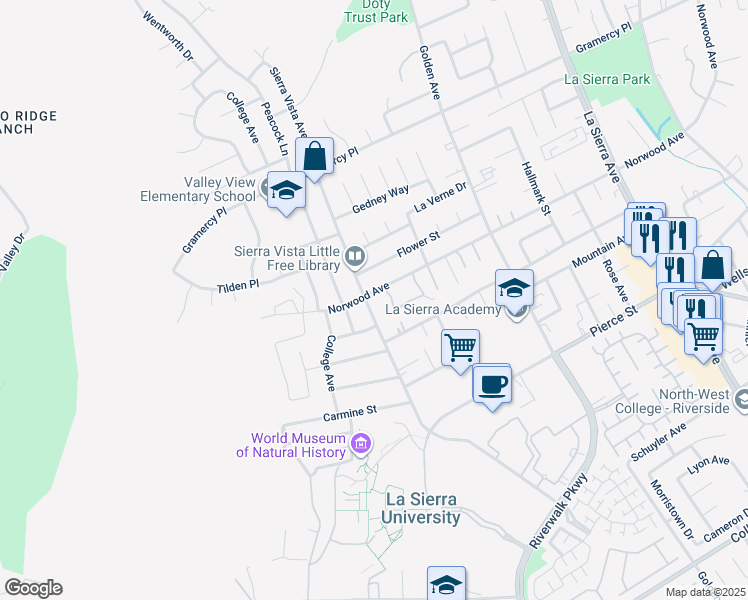 map of restaurants, bars, coffee shops, grocery stores, and more near 5061 Sierra Vista Avenue in Riverside