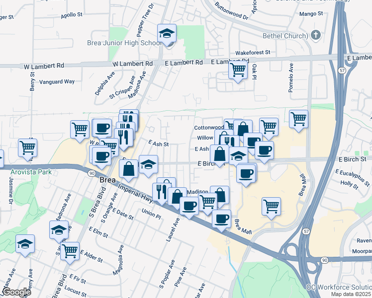 map of restaurants, bars, coffee shops, grocery stores, and more near 176 Laurel Avenue in Brea