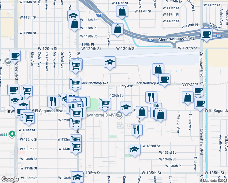 map of restaurants, bars, coffee shops, grocery stores, and more near 12600 Doty Avenue in Hawthorne
