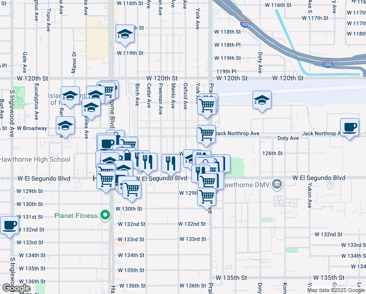 map of restaurants, bars, coffee shops, grocery stores, and more near 12604 Menlo Avenue in Hawthorne