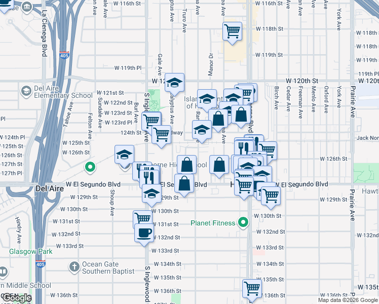 map of restaurants, bars, coffee shops, grocery stores, and more near 12619 Ramona Avenue in Hawthorne