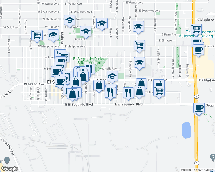 map of restaurants, bars, coffee shops, grocery stores, and more near 735 East Franklin Avenue in El Segundo