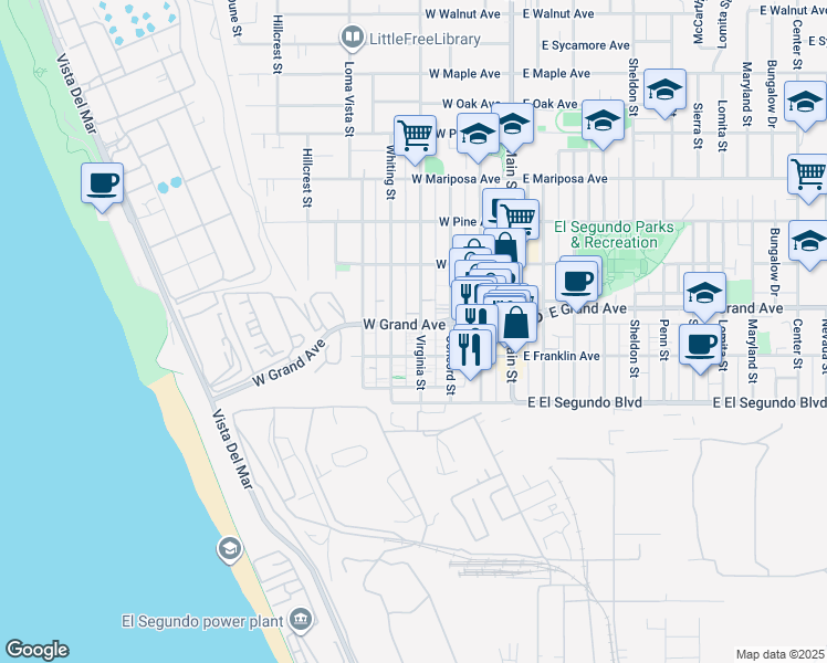 map of restaurants, bars, coffee shops, grocery stores, and more near 202 Whiting Street in El Segundo