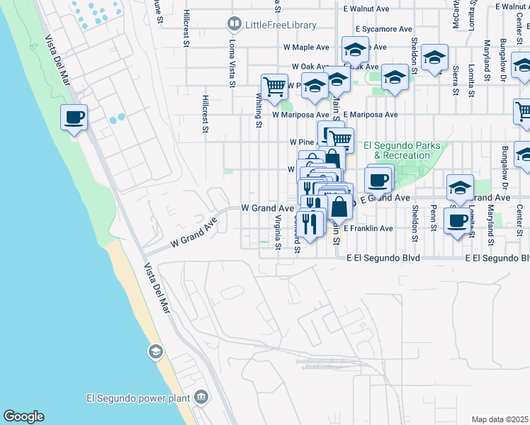 map of restaurants, bars, coffee shops, grocery stores, and more near 202 Whiting Street in El Segundo