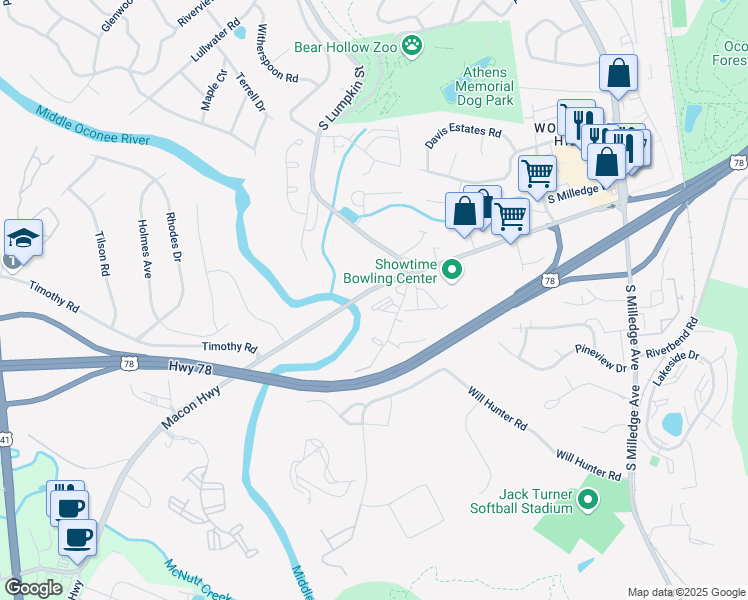 map of restaurants, bars, coffee shops, grocery stores, and more near 148 Old Will Hunter Road in Athens