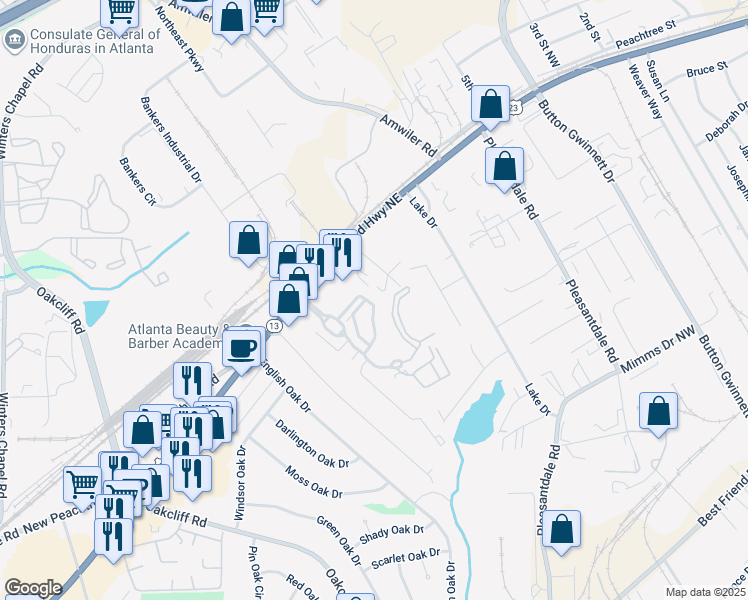 map of restaurants, bars, coffee shops, grocery stores, and more near 7007 Kingswood Run Drive in Atlanta