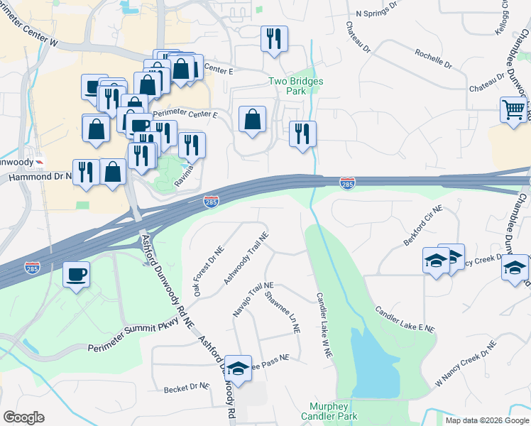 map of restaurants, bars, coffee shops, grocery stores, and more near 4253 Ashwoody Trail Northeast in Atlanta
